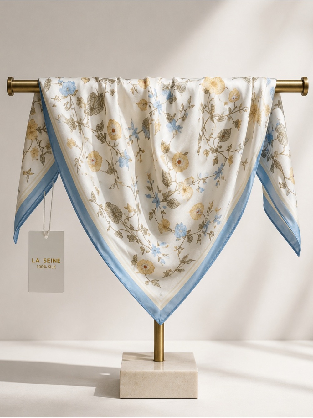 NWT La Seine 100% Silk Floral Oversized Triangle Scarf Blue Ivory Cottagecore
